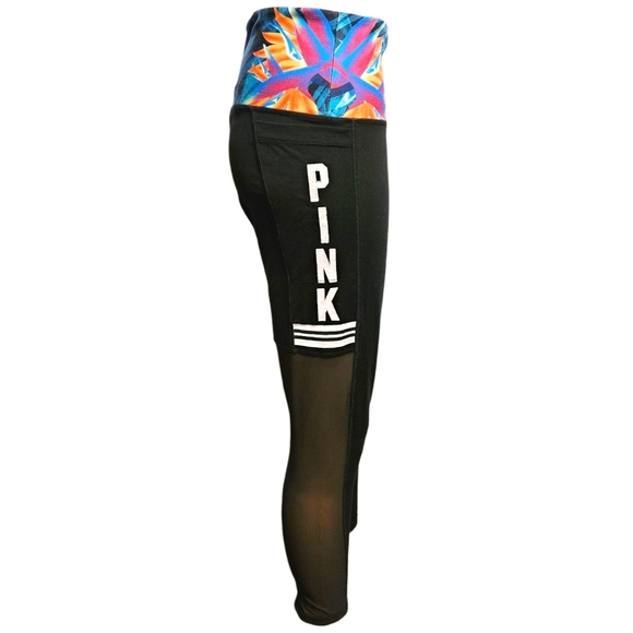 VS PINK Ultimate Leggings M Ankle Length Black Mesh Tropical Waistband Spellout - Picture 4 of 12